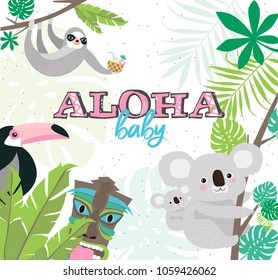 Fun Aloha baby poster with cartoon animals for baby shower or birthday party. Editable vector illustration