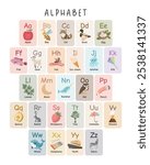 Fun Alphabet Cards Poster for Preschool Children: Vector Illustration of Capital Letters with Cute Cartoon. Fun ABC (Uppercase and Lowercase Letters) Learning for Kids