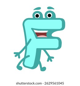 Fun Alphabet, Cartoon character letter F with cute expression. Cute cartoon alphabet character illustration for early childhood education.