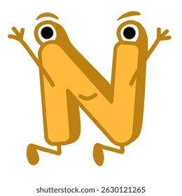 Fun Alphabet, Cartoon character letter N with cute expression. Cute cartoon alphabet character illustration for early childhood education.