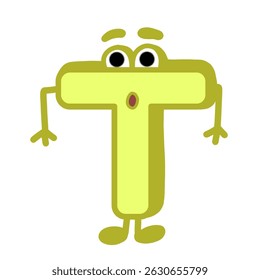 Fun Alphabet, Cartoon character letter T with cute expression. Cute cartoon alphabet character illustration for early childhood education.