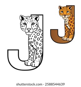 A fun alphabet coloring page featuring the letter "J" with a detailed jaguar illustration. Perfect for kids to learn letters and enjoy creativity!