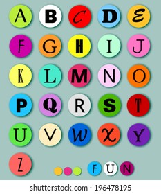 Fun alphabet design on multicolor circles with shadows