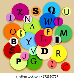 Fun alphabet letters on multicolor circles with shadows 