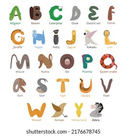 Fun animal alphabet for kids. Vector illustrations on white background
