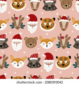 Fun animal face Christmas Seamless pattern vector background, digital paper for textile, fabric, wrapping paper, wallpaper, stationery