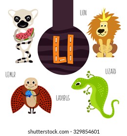 Fun animal letters of the alphabet for the development and learning of preschool children. Set of cute forest, domestic and marine animals with the letter l. Vector illustration