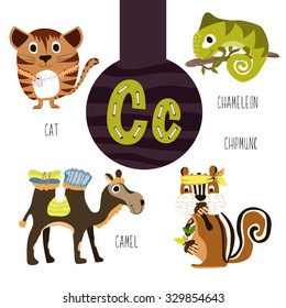 Fun animal letters of the alphabet for the development and learning of preschool children. Set of cute forest, domestic and marine animals with the letter c. Vector illustration