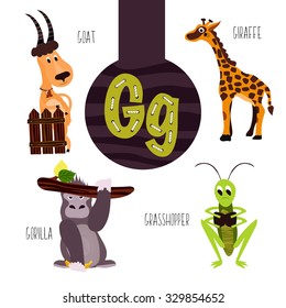 Fun animal letters of the alphabet for the development and learning of preschool children. Set of cute forest, domestic and marine animals with the letter g. Vector illustration