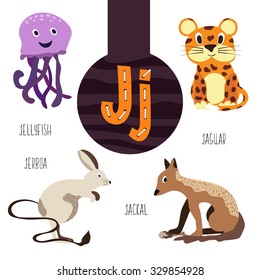 Fun animal letters of the alphabet for the development and learning of preschool children. Set of cute forest, domestic and marine animals with the letter j. Vector illustration