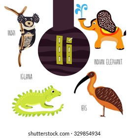 Fun animal letters of the alphabet for the development and learning of preschool children. Set of cute forest, domestic and marine animals with the letter i. Vector illustration