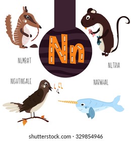 Fun animal letters of the alphabet for the development and learning of preschool children. Set of cute forest, domestic and marine animals with the letter n. Vector illustration