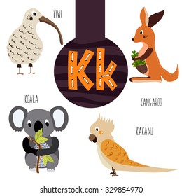 Fun animal letters of the alphabet for the development and learning of preschool children. Set of cute forest, domestic and marine animals with the letter k. Vector illustration