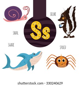 Fun animal letters of the alphabet for the development and learning of preschool children. Set of cute forest, domestic and marine animals with the letter s. Vector illustration 