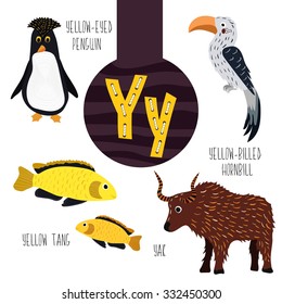Fun animal letters of the alphabet for the development and learning of preschool children. Set of cute forest, domestic and marine animals with the letter y. Vector illustration