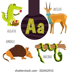 Fun animal letters of the alphabet for the development and learning of preschool children. Set of cute forest, domestic and marine animals with the letter a. Vector illustration