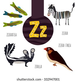 Fun animal letters of the alphabet for the development and learning of preschool children. Set of cute forest, domestic and marine animals with the letter z. Vector illustration