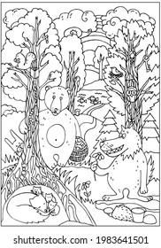 Fun Animals in the forest. Landscape. Coloring page for kids.  Hand drawn vector.