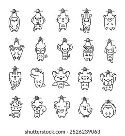 Fun animals on clothespin. Coloring Page. Cute home decor. Hand drawn style. Vector drawing. Collection of design elements.