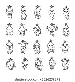 Fun animals on clothespin. Coloring Page. Cute home decor. Hand drawn style. Vector drawing. Collection of design elements.