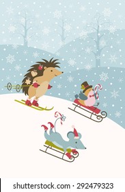 The fun animals with sledges and skis and a winter forest. Vector background.