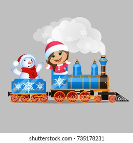 Fun animated smiling snow maiden and snowman waving their hands and go on the train isolated on gray background. Sample of holiday poster, card, party invitation. Vector cartoon close-up illustration.