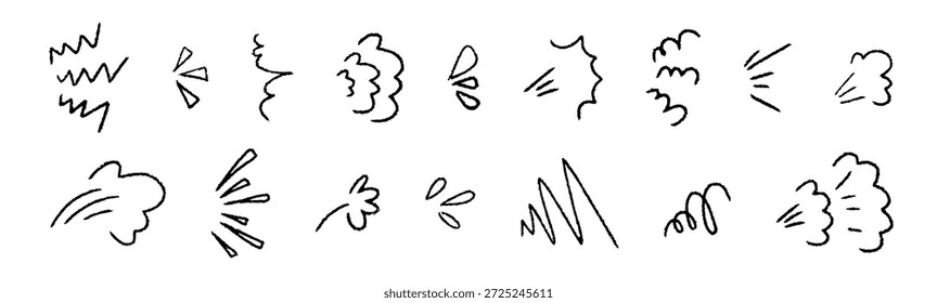 Divertido anime coleção efeito emoção com símbolos desenhados à mão desenhos animados, setas, corações e gotas de suor. Elementos de estilo Doodle para emoção mangá, ênfase cômica e efeitos de movimento.