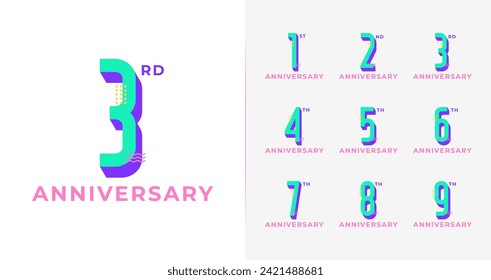 Fun anniversary logo collection. Colorful number icon for birthday or event with 3d concept. Celebration symbol template