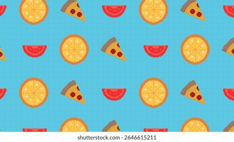 A fun arrangement of whole pizzas, slices and tomato halves on a bright cyan background, rendered in charming pixel art style. Great for food-themed digital content.