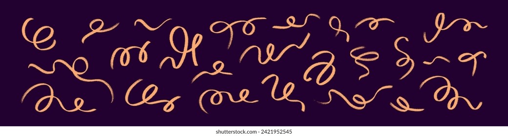 Fun arrow set drawn with crayon, brush, chalk, and pastel lines. Hand drawn doodle style scribbles in pencil and charcoal. Flat vector illustration isolated on white background.