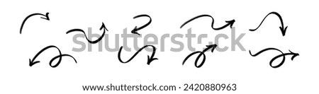 Fun arrow set drawn with crayon, brush, chalk, and pastel lines. Hand drawn doodle style scribbles in pencil and charcoal. Flat vector illustration isolated on white background.