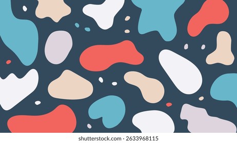 Fun and artistic navy background with red, white, beige, and pastel shapes. Ideal for bold visual content and creative applications.