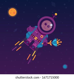 Fun astronaut with a flower. Flat geometrical vector illustration