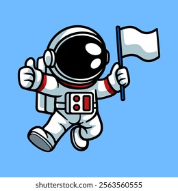 fun astronaut hold flag cartoon character isolated colored drawing line art style sketch classic vintage design illustration