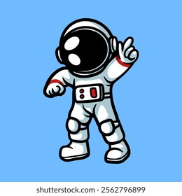 fun astronaut pointing the sky cartoon isolated colored drawing line art style sketch classic vintage design illustration