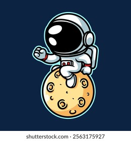 fun astronaut sit on the moon cartoon character isolated colored drawing line art style sketch classic vintage design illustration