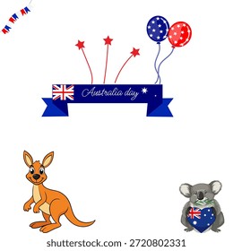 Fun Australia Day design showcasing a kangaroo and koala together with balloons and a blue ribbon banner for a complete festive look.
