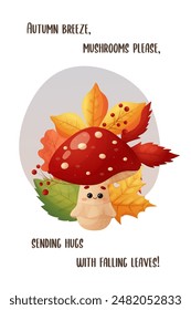It's a fun autumn postcard. Character fly mushroom, amanita, leaves on background. 