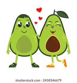 Fun avocado couple in love. Cute avocados print or romantic card. Isolated healthy vegan food cartoon characters. Family classy vector concept