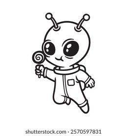 fun baby alien hold candy in astronaut suit cartoon isolated drawing line style sketch classic vintage design illustration