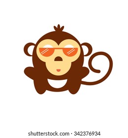 Fun baby of Chimpanzee in sunglasses. Vector cartoon monkey. Cute gorilla kid on isolated background. Symbol of 2016 year 

