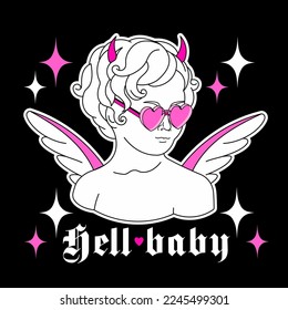 Fun baby devil, angel y2k in heart shaped glasses. Goth aesthetic black and pink print. Vintage isolated sticker. Weird emo gothic graphic, 90s, 00s love aesthetic. svg