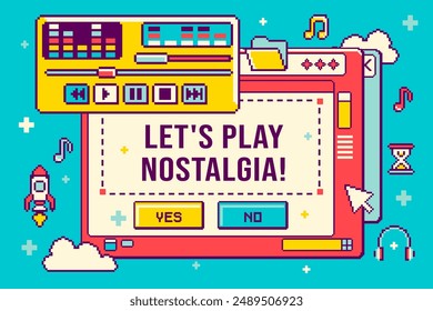 Divertida estética "Back to 90's music". Nostalgia Pixel arte estilo pantalla de ordenador como marco para el mensaje. App de música retro e íconos de escritorio con temas musicales. Interfaz de ventana de PC con espacio de copia.