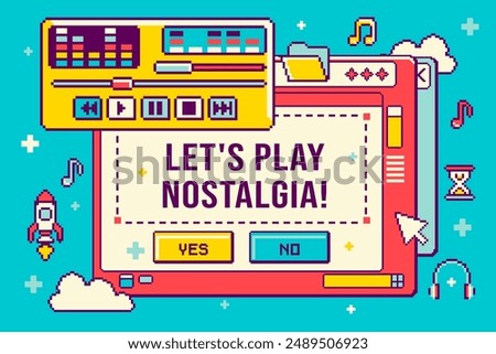 Fun "Back to 90's music" aesthetic. Nostalgia Pixel art style computer screen as frame for message. Retro music app and music themed desktop icons. PC window interface with copy space.