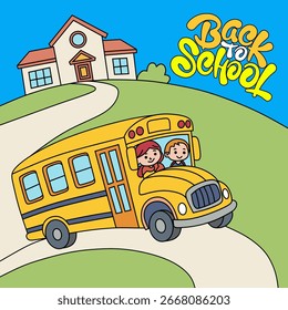 Divertido diseño de regreso a la escuela con un autobús amarillo, colinas verdes y la escuela con techo rojo.