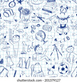 Fun back to school sketch seamless pattern on a sheet of exercise book