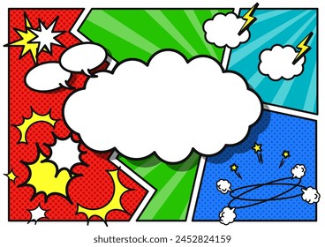 A fun background frame with cloud-shaped speech bubbles and comic-style panels. Horizontal A4 size. Vector illustration.