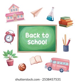 Fun back-to-school elements featuring various school supplies. Perfect for educational materials, invitations, and creative projects celebrating the new school year!