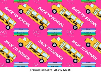 Divertido patrón de regreso a la escuela con autobuses escolares, libros y Elementos educativos sobre un fondo rosa. Perfecto para diseños educativos.