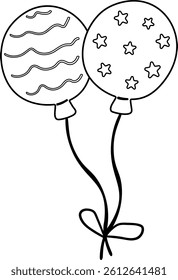 Fun balloon design with waves and stars for birthday celebrations. Ready-to-print template perfect for party decorations and kids activities. Clean black and white line illustration